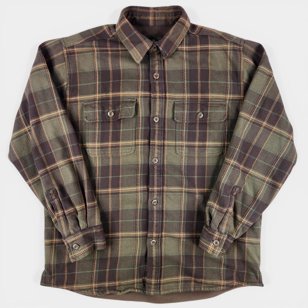 Eddie Bauer Shirt Jacket Mens Medium Brown Green Plaid Fleece Lined Shacket '07